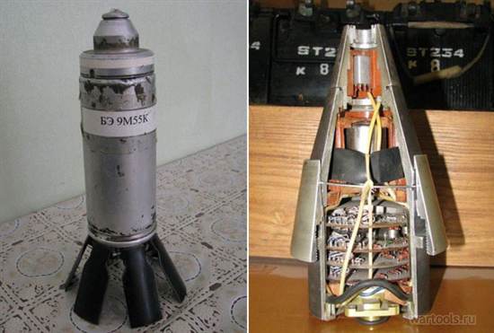 Осколочный боевой элемент 9М55К и разрез головной части этой ракеты