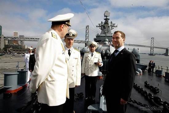 Д. А. Медведев на борту ракетного крейсера 